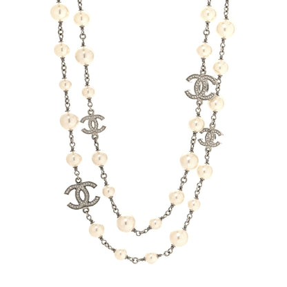Chanel Graduated Pearl Crystal CC Long Necklace Silver 1 of 5