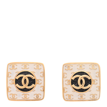Chanel Metal Glitter Sparkle CC Square Earrings Gold White Black 1 of 5