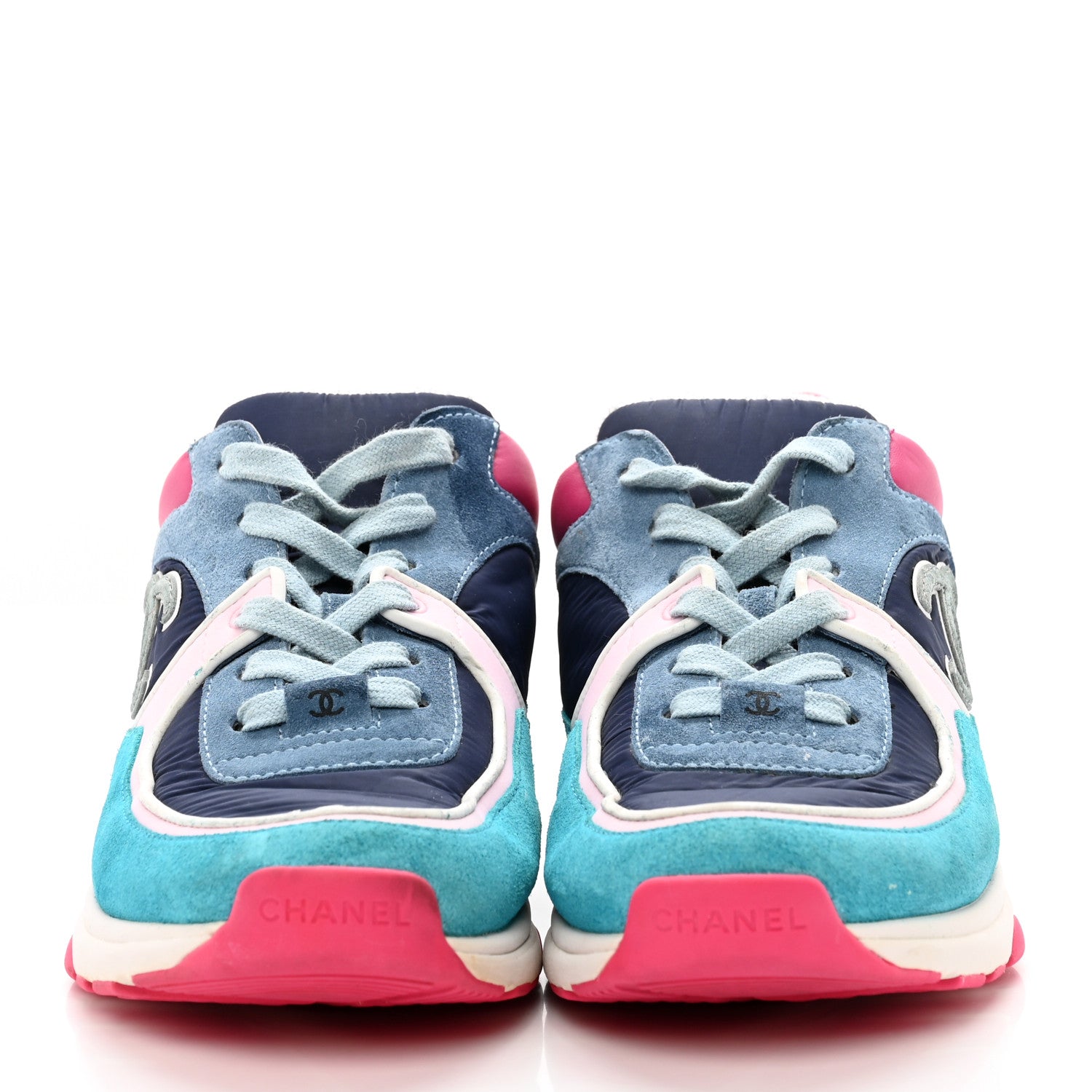 Chanel Nylon Calfskin Suede CC Sneakers 40 Navy Turquoise 2 of 18