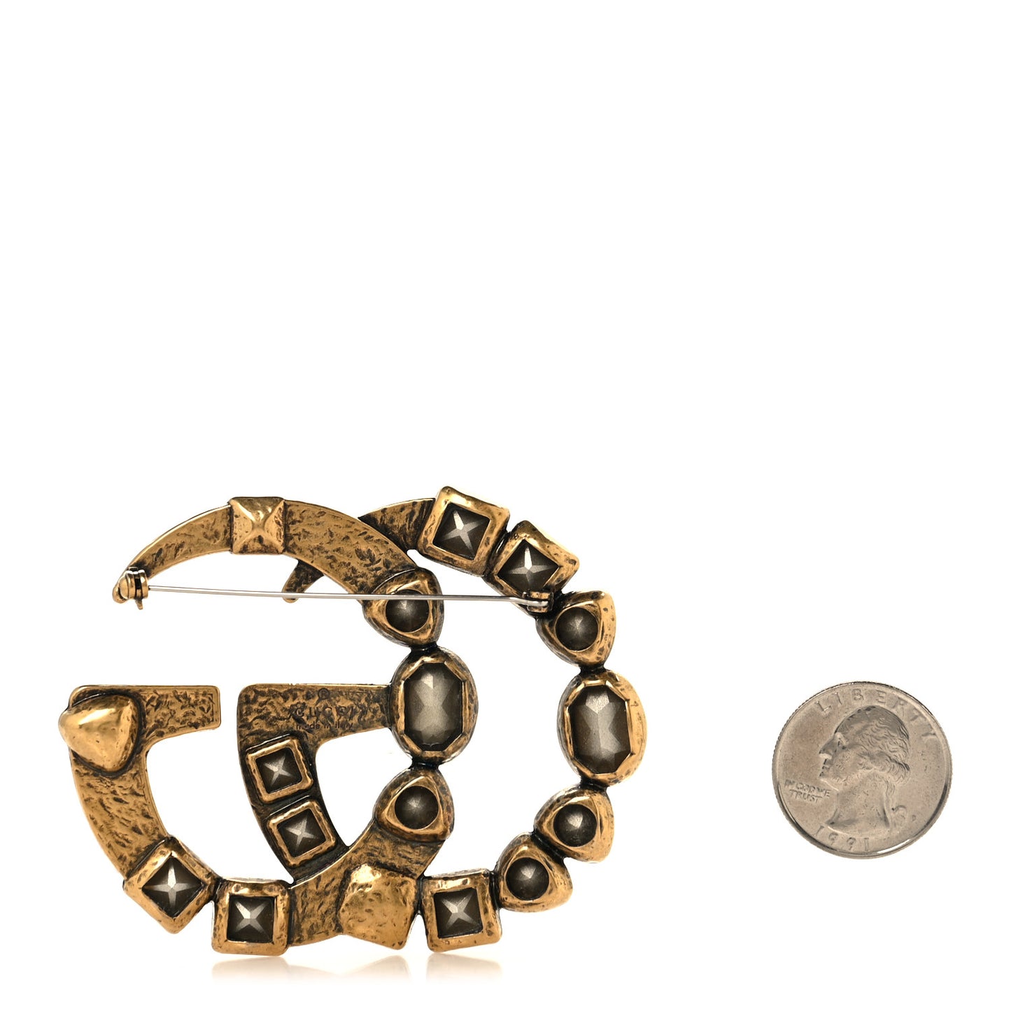 Metal Crystal Double G Brooch Aged Gold Multicolor