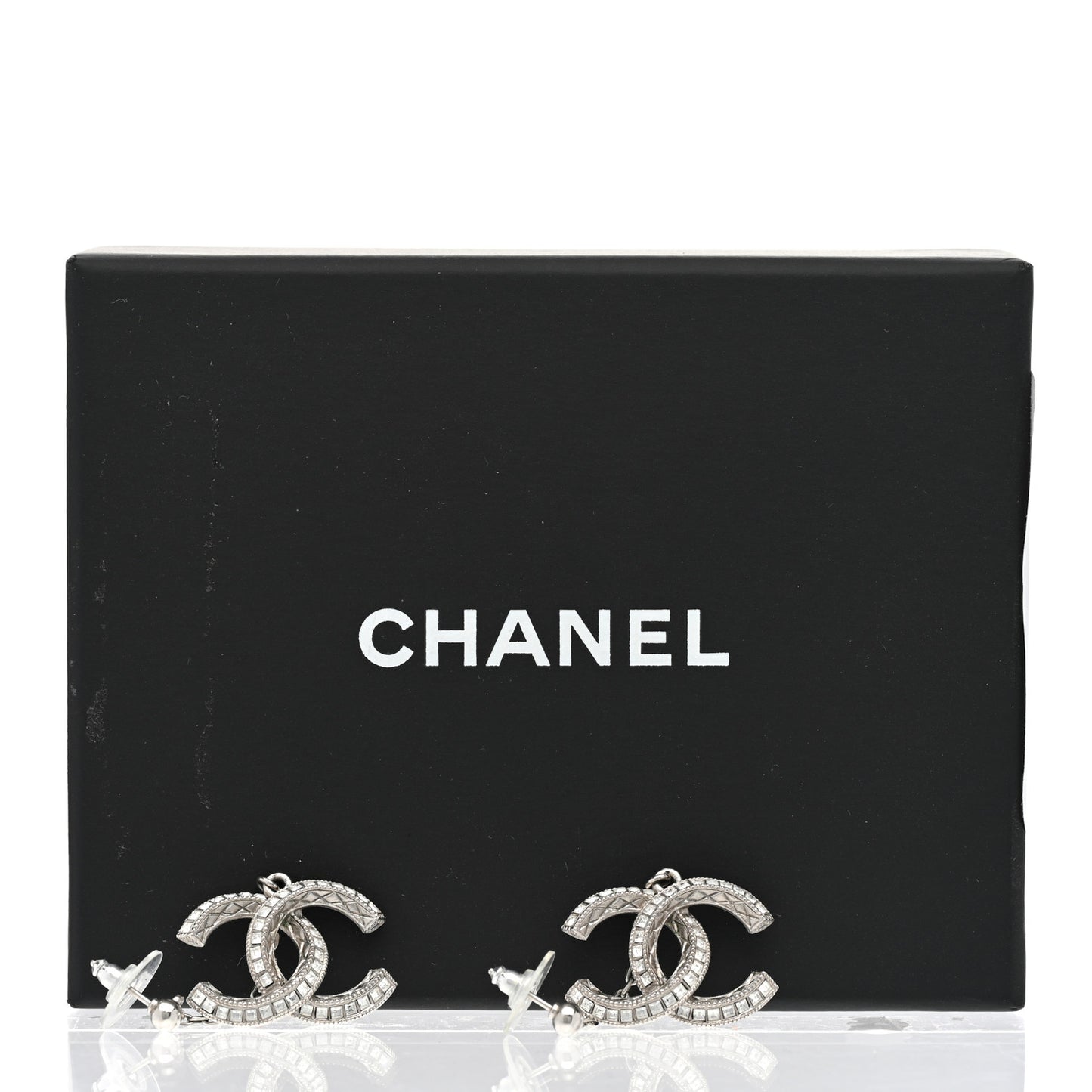 Baguette Crystal Quilted CC Drop Earrings Silver