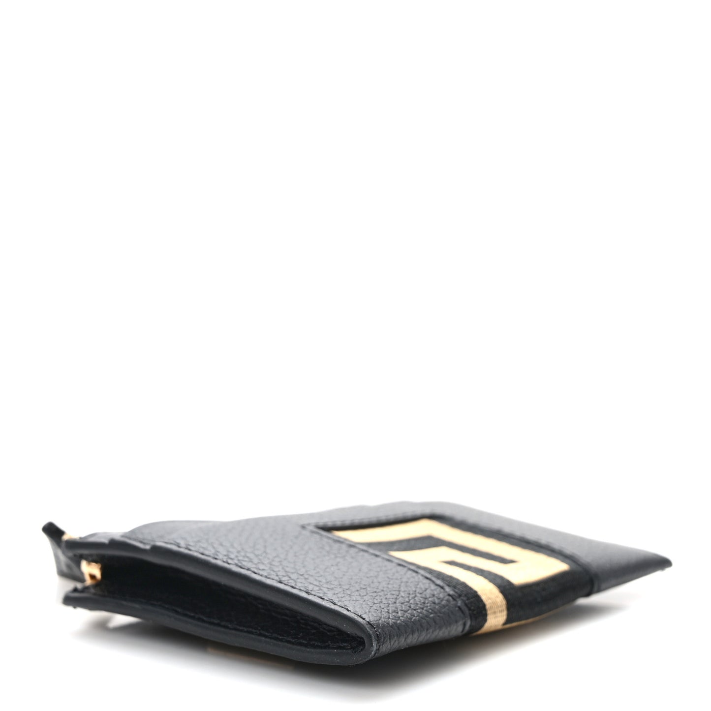 Grained Calfskin Ribbon Greca Zip Card Holder Wallet Black Gold