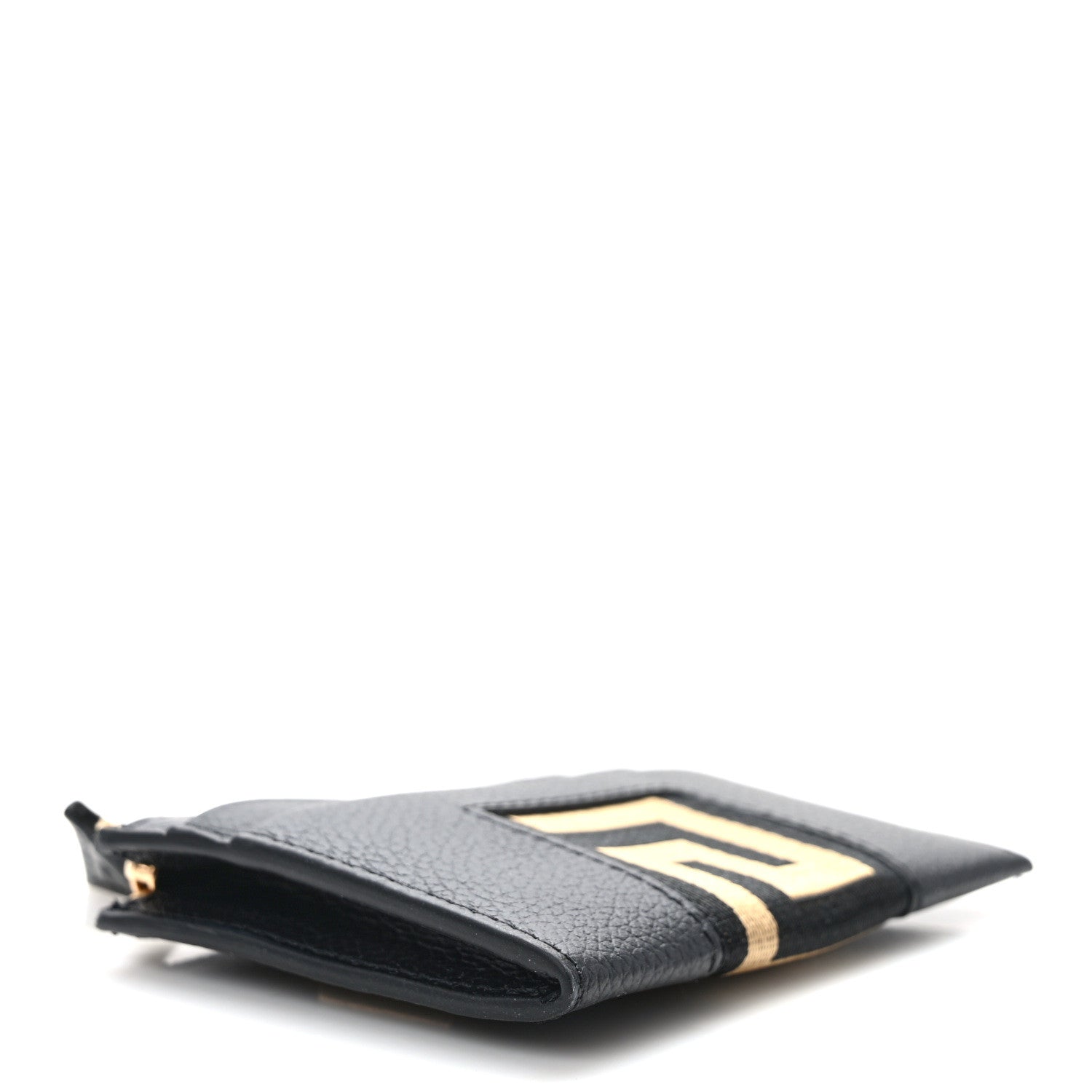 Versace Grained Calfskin Ribbon Greca Zip Card Holder Wallet Black Gold 4 of 9