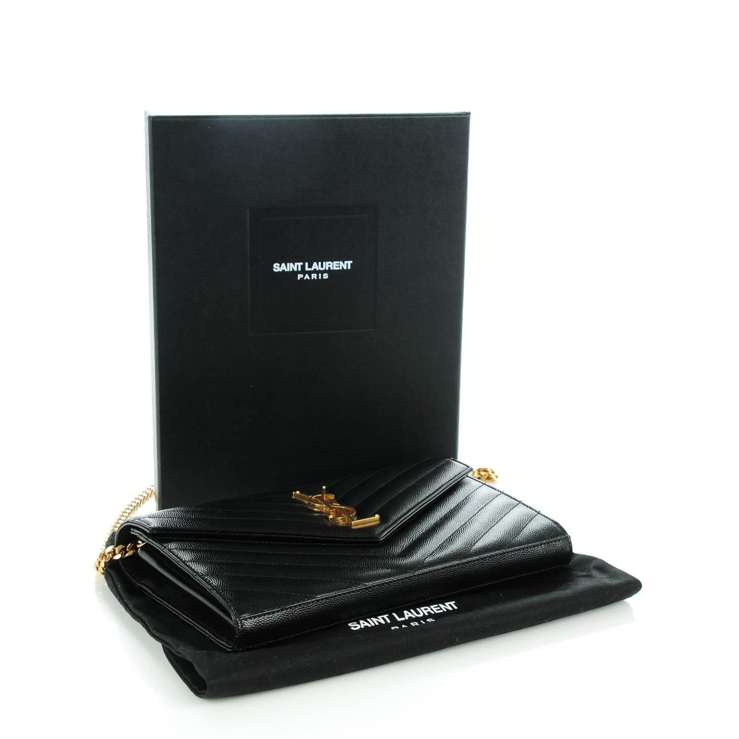 Saint Laurent Grain De Poudre Matelasse Chevron Monogram Chain Wallet Black 4 of 7