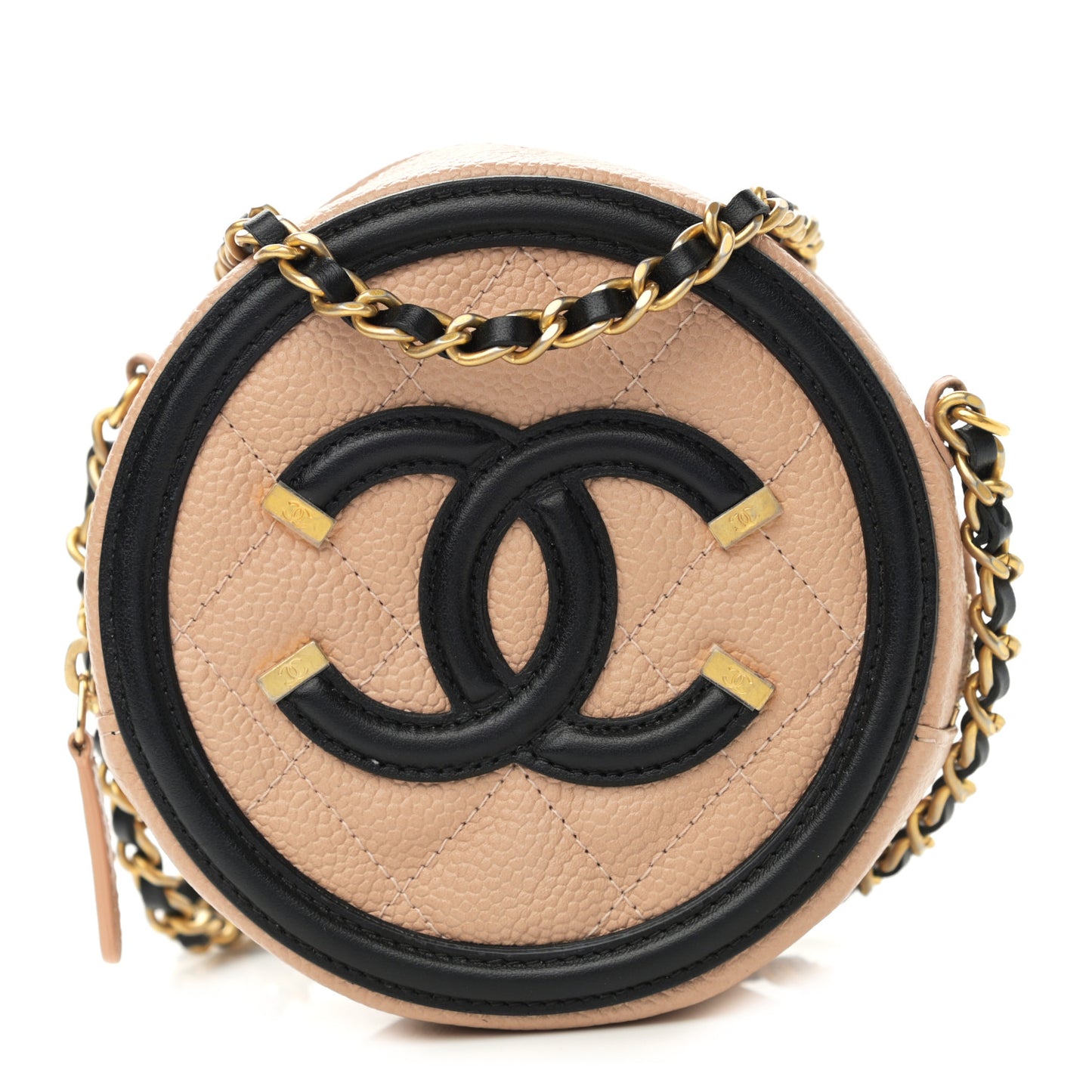 Caviar Quilted Round Filigree Crossbody Beige Black