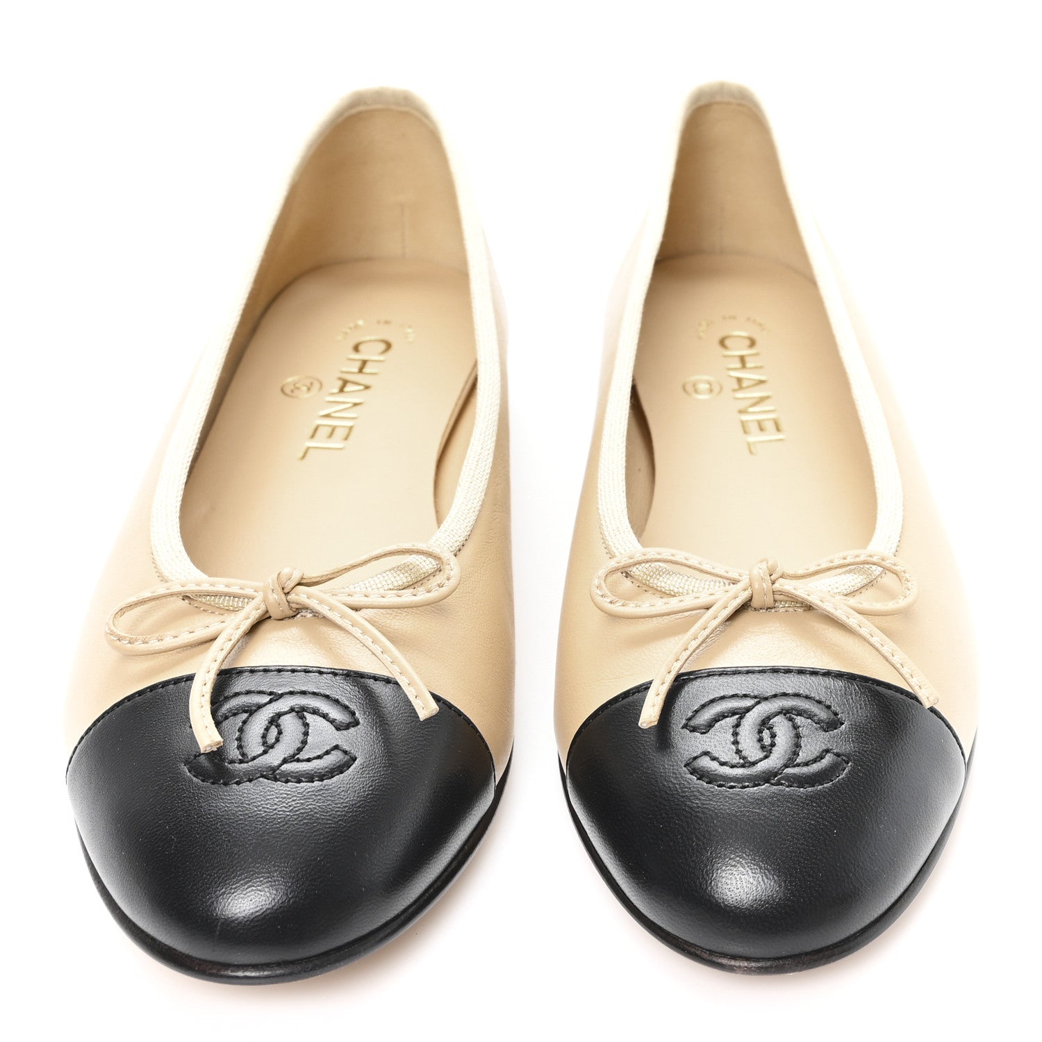 Chanel Lambskin Cap Toe CC Ballerina Flats 39.5 Beige Black 3 of 10