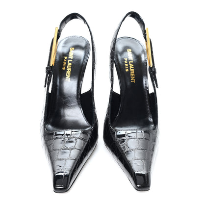 Saint Laurent Calfskin Crocodile Embossed Slingback Graham Pumps 36 Black 3 of 10