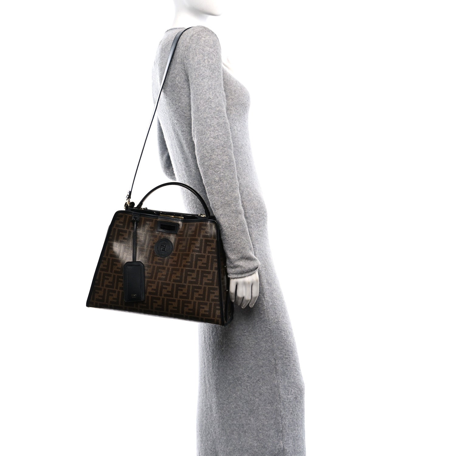 Fendi Patent Glazed Fabric FF 1974 Medium Peekaboo Iconic Defender Satchel Mogano Panna Black 2 of 11