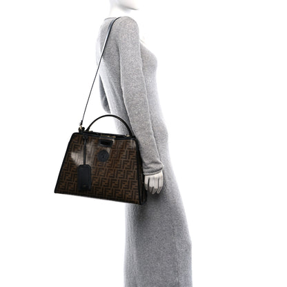 Fendi Patent Glazed Fabric FF 1974 Medium Peekaboo Iconic Defender Satchel Mogano Panna Black 2 of 11