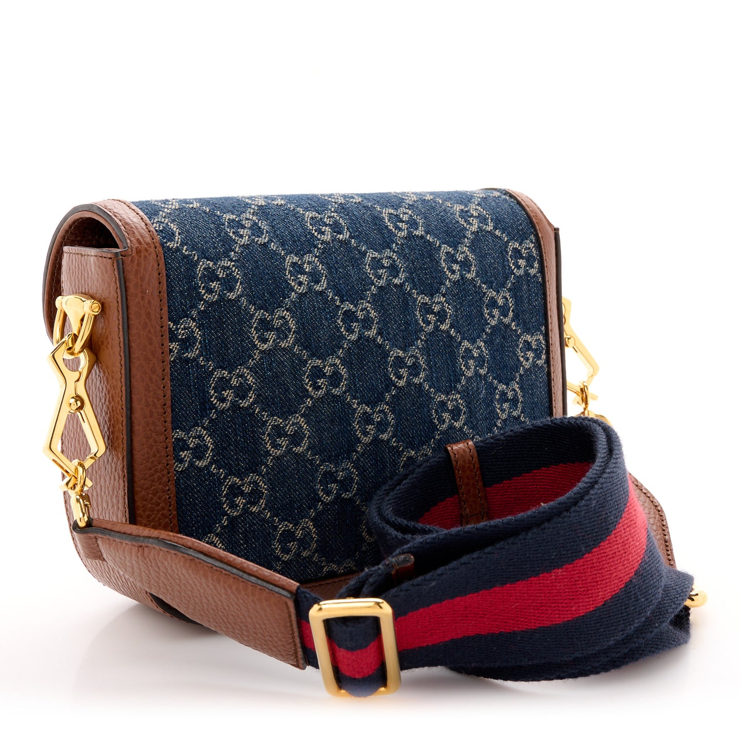 New Denim GG Monogram Dollar Calfskin Web Mini Horsebit 1955 Shoulder Bag Blue Tea Cuir Epilog