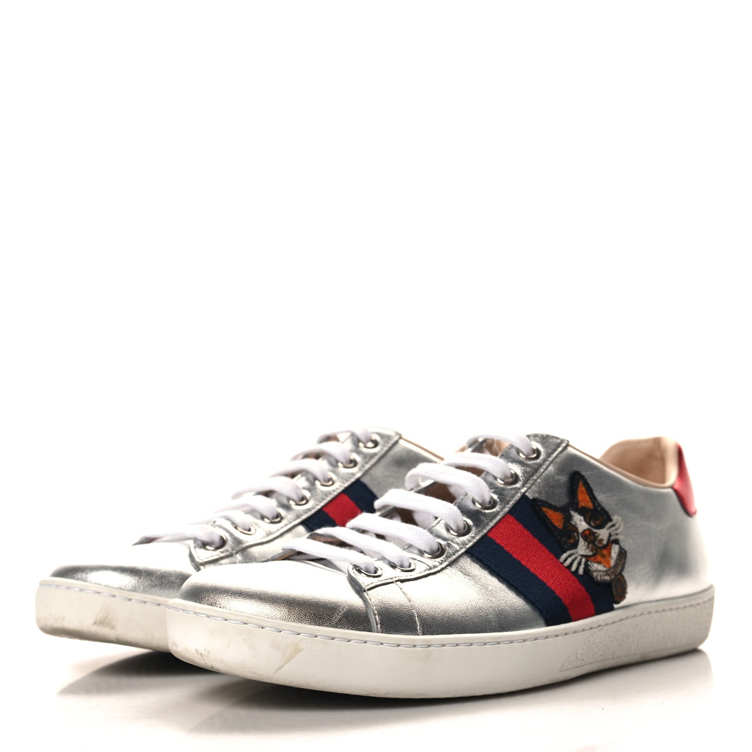 Gucci Metallic Nappa Silk Ayers Web Embroidered Womens Ace Sneakers 38 Silver 4 of 9