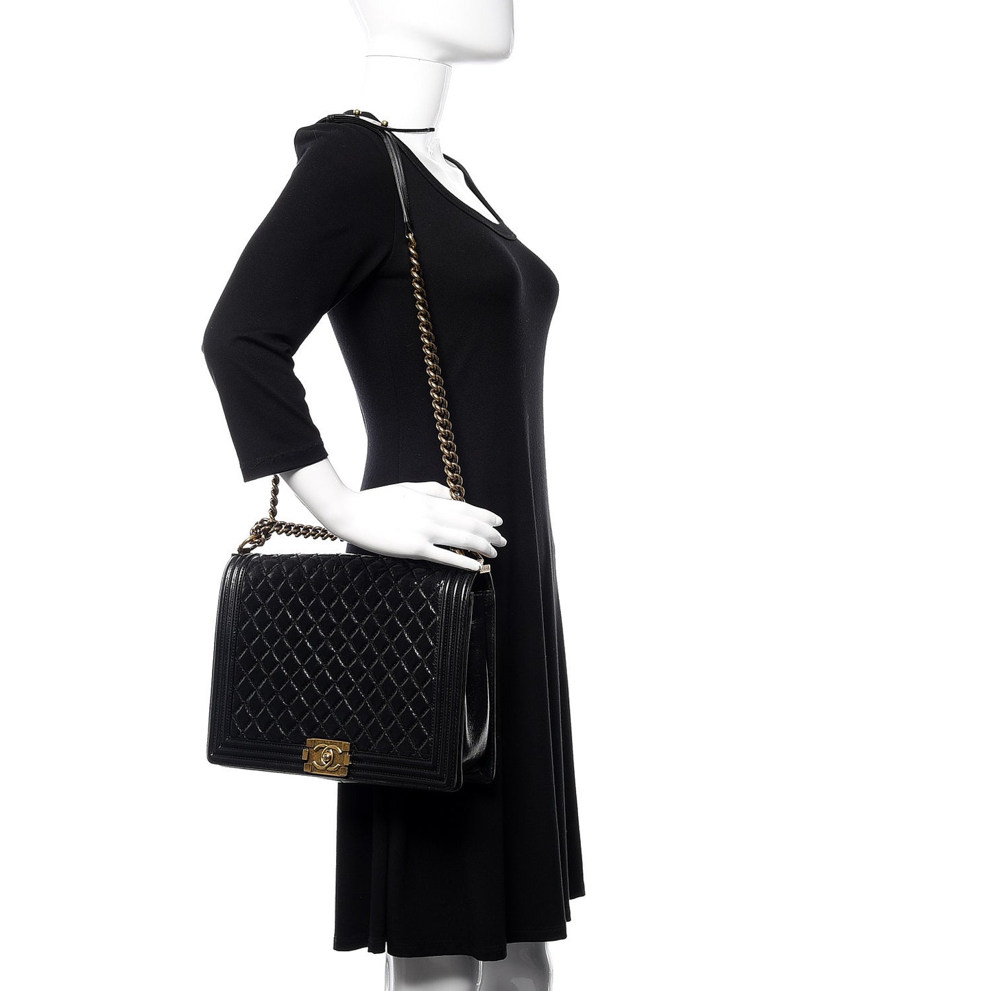 Aged Glazed Calfskin Quilted Large Boy Flap Black