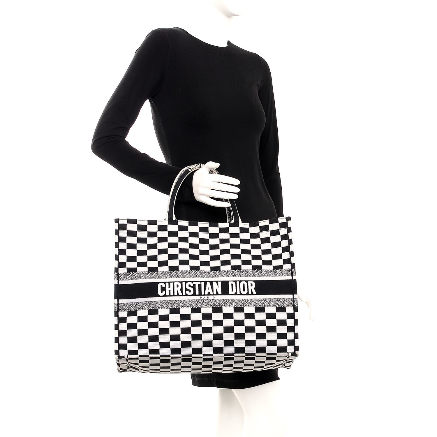 Christian Dior Canvas Embroidered Checkered Book Tote Black White 2 of 9