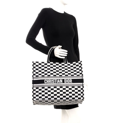 Christian Dior Canvas Embroidered Checkered Book Tote Black White 2 of 9