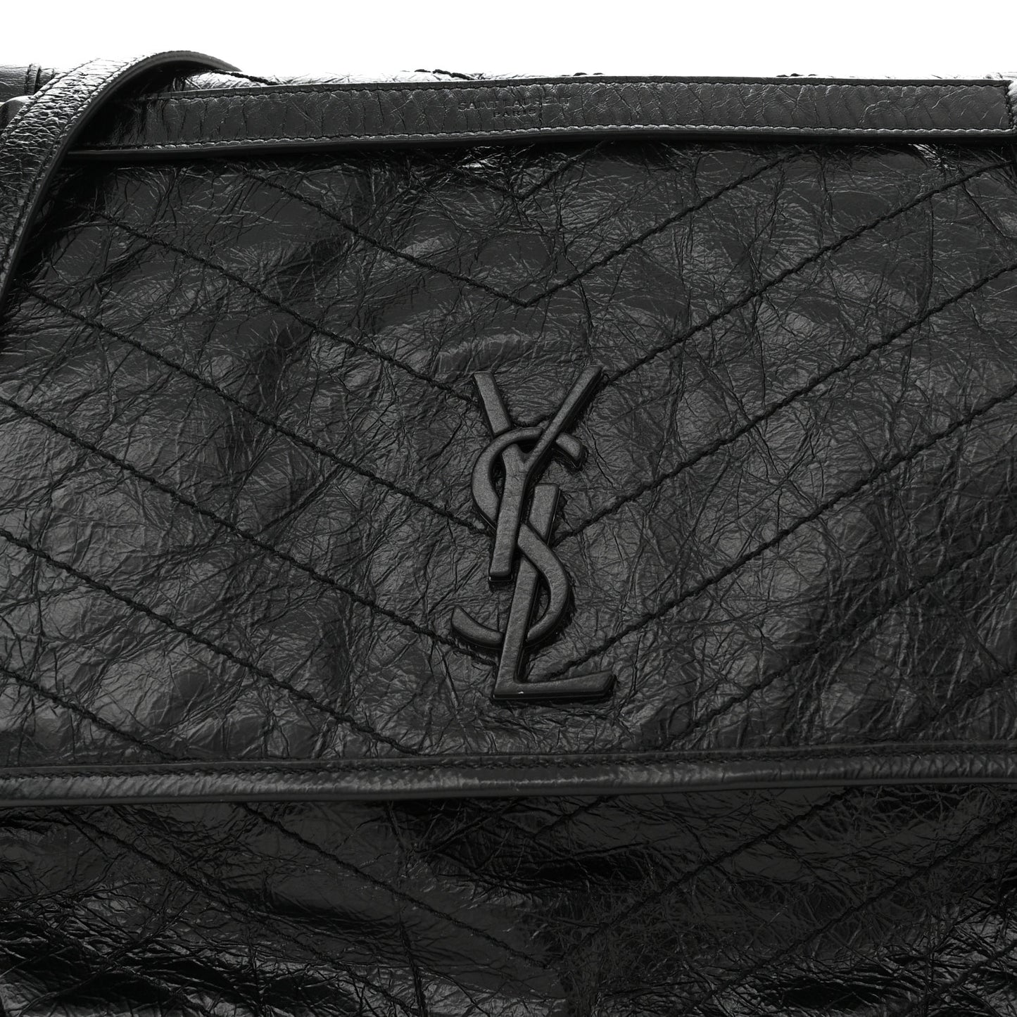 Crinkled Calfskin Matelasse Monogram Large Niki Chain Satchel Black