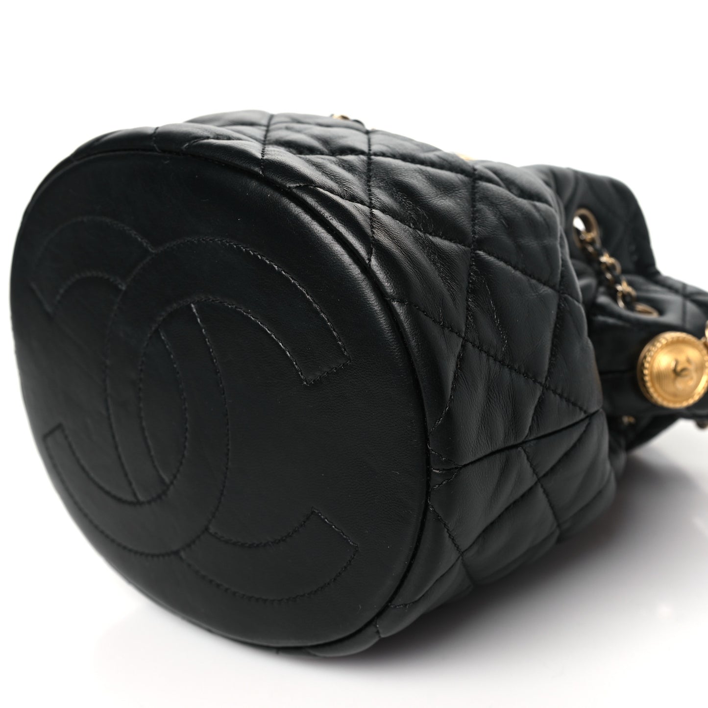Lambskin Quilted Mini CC Drawstring Bucket Bag Black