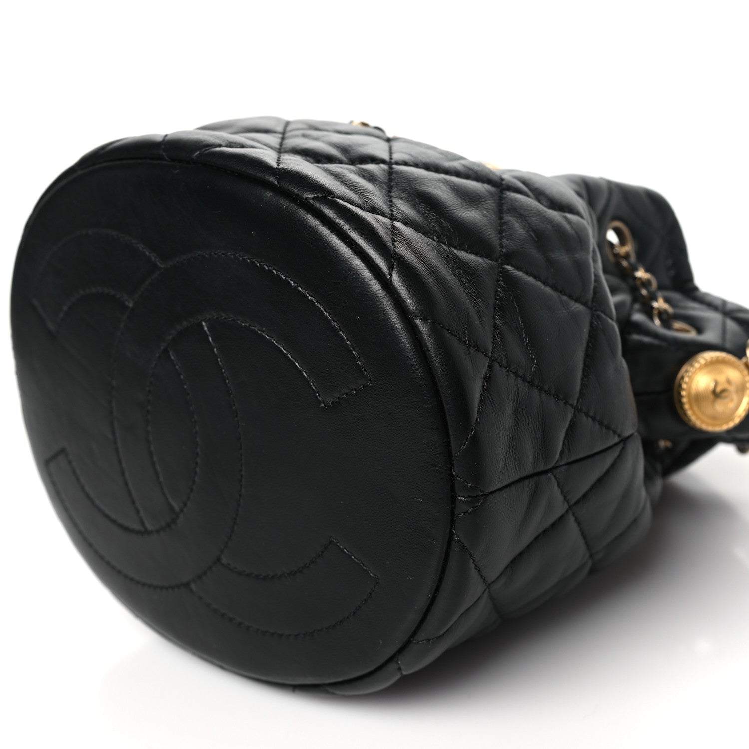 Chanel Lambskin Quilted Mini CC Drawstring Bucket Bag Black 10 of 10