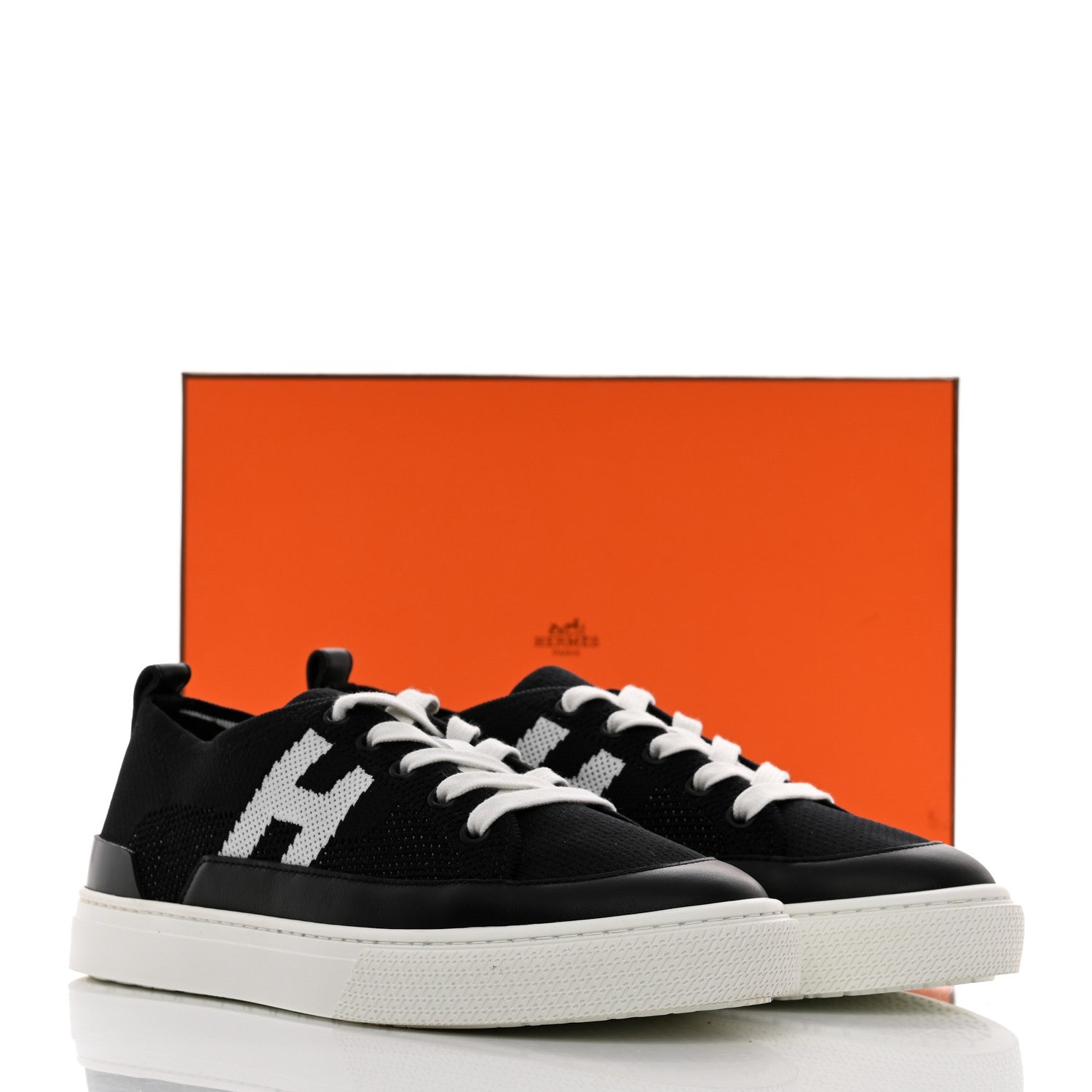 Hermes Knit Fabric Calfskin Deep Sneakers 38.5 Black White 9 of 9
