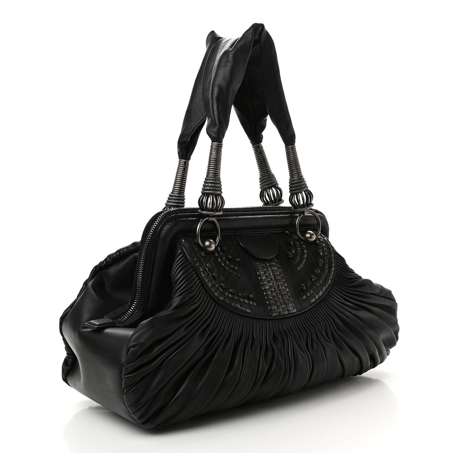 Lambskin Plisse Pleated Frame Satchel Black