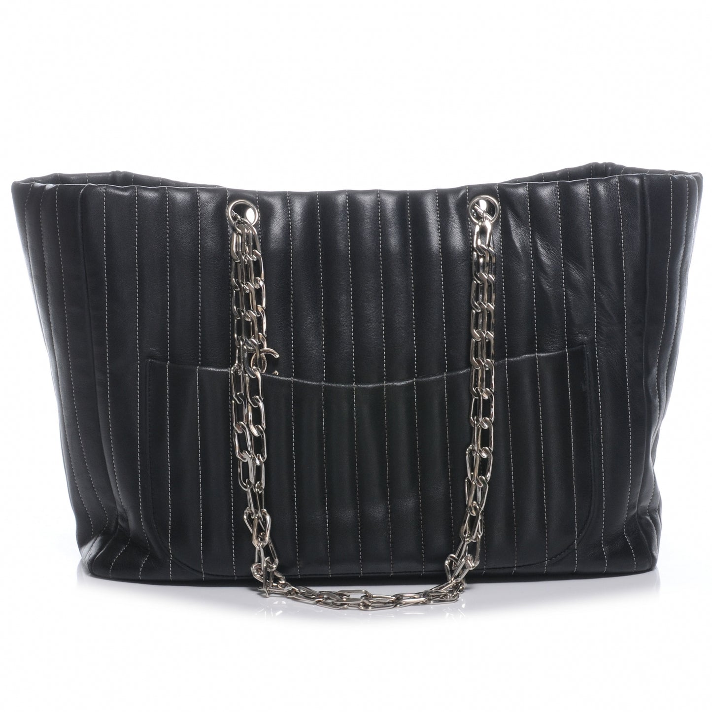 Lambskin Vertical Quilted Large Mademoiselle Tote Black