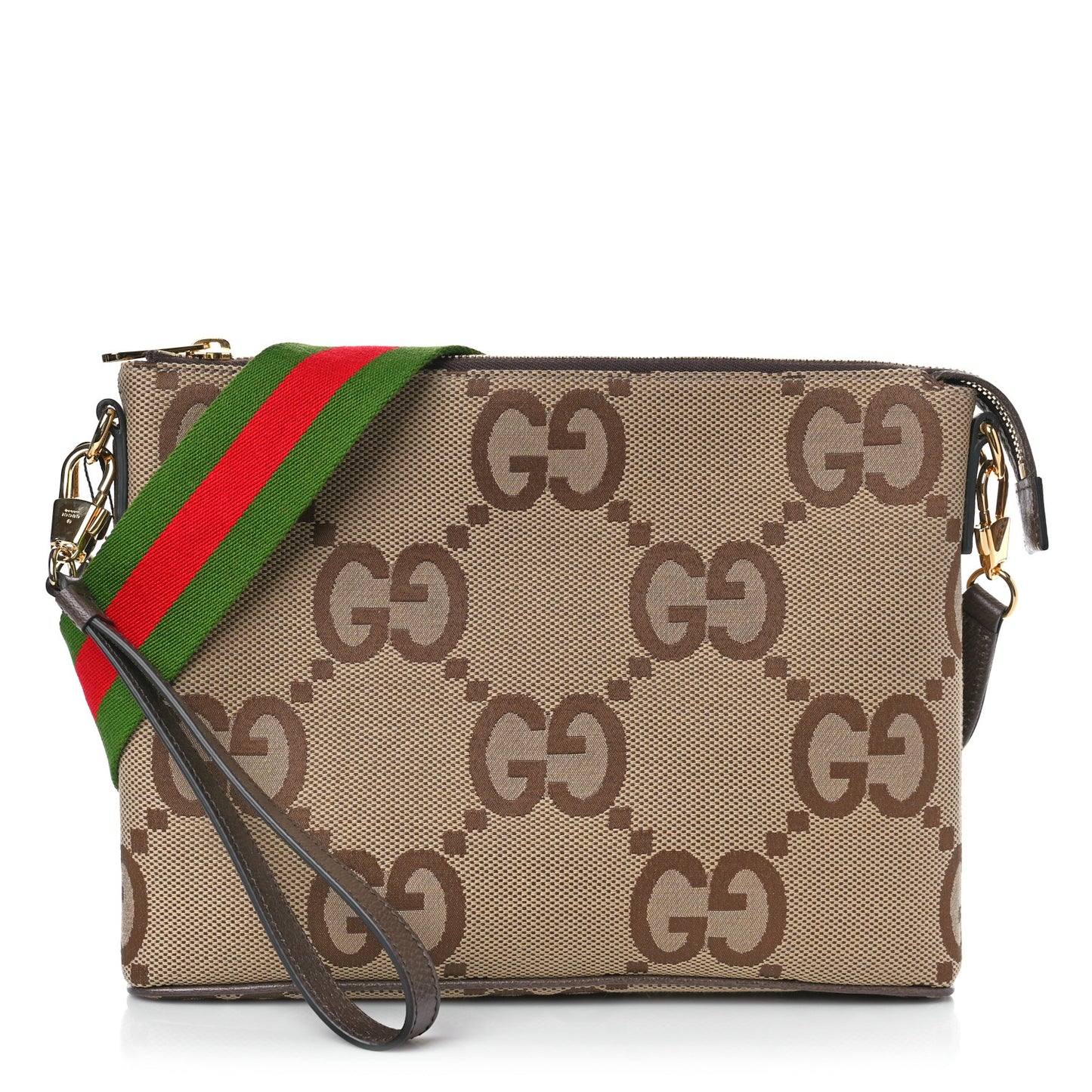 Monogram Jumbo GG Textured Dollar Calfskin Web Wristlet Messenger Bag Camel Ebony New Acero