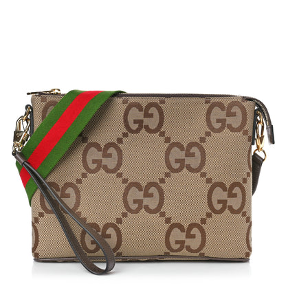 Gucci Monogram Jumbo GG Textured Dollar Calfskin Web Wristlet Messenger Bag Camel Ebony New Acero 1 of 8