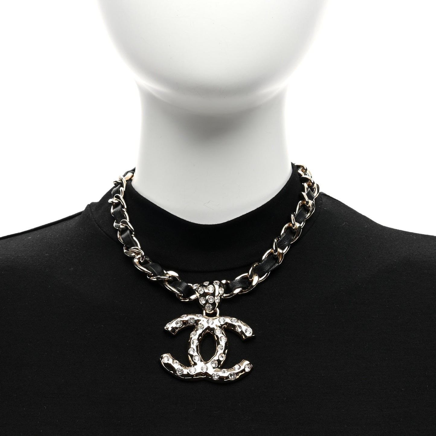 Lambskin Crystal CC Chain Choker Necklace Black Gold