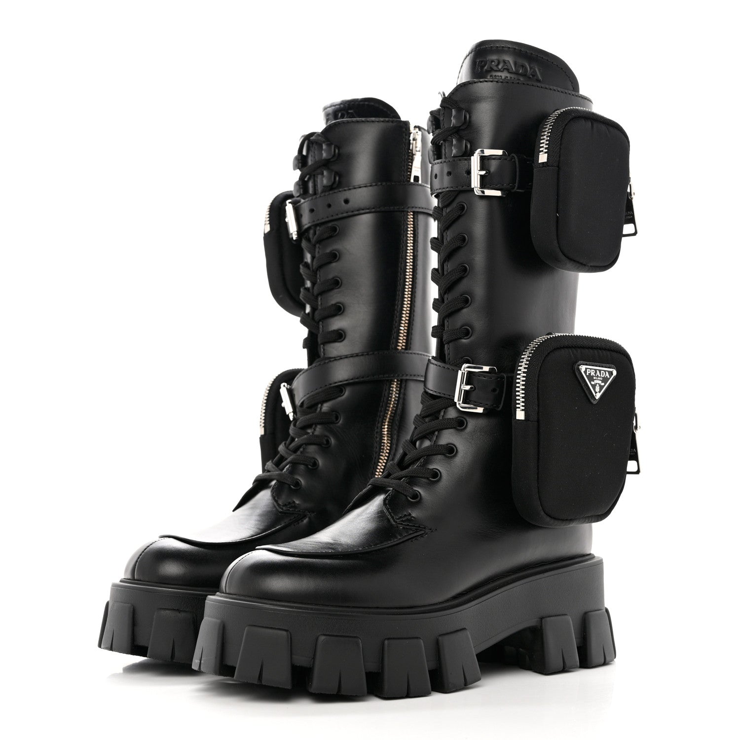 Prada Vitello Lux Nylon Metal Triangle Logo Monolith Pouch Pocket 55mm Tall Combat Boots 36 Black 3 of 11