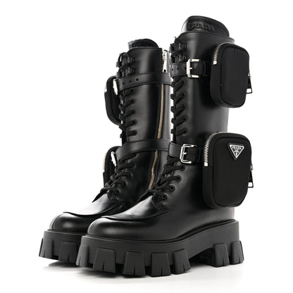Prada Vitello Lux Nylon Metal Triangle Logo Monolith Pouch Pocket 55mm Tall Combat Boots 36 Black 3 of 11