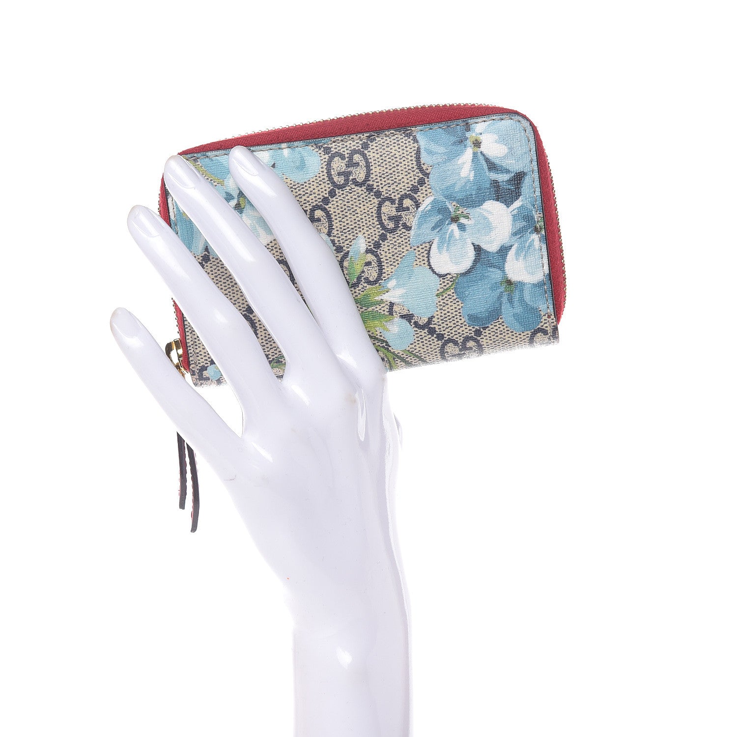 Gucci GG Supreme Monogram Blooms Zip Around Card Case Wallet Beige Blue Navy Hibiscus Red 2 of 8