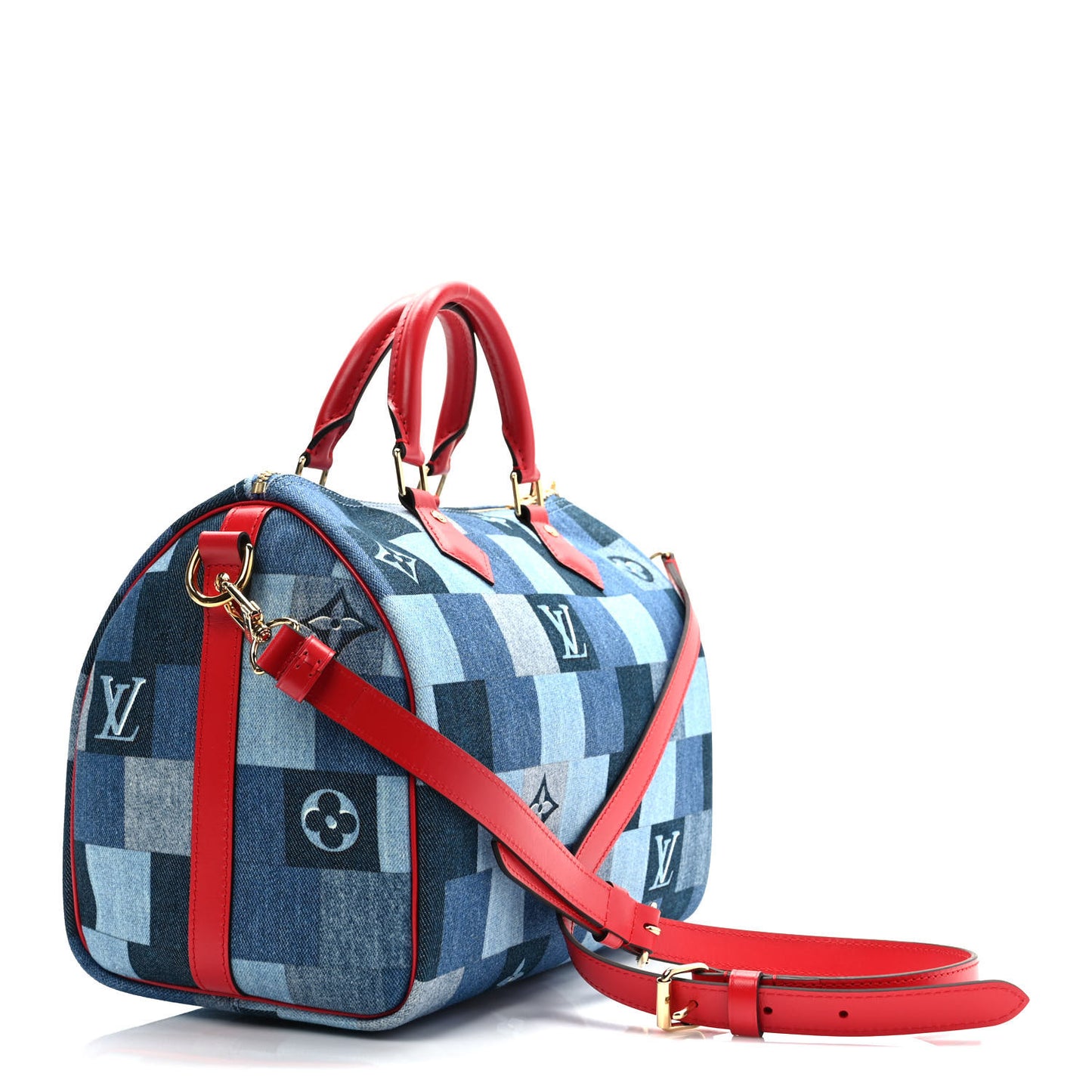 Denim Damier Monogram Patchwork Speedy Bandouliere 30 Blue Rouge