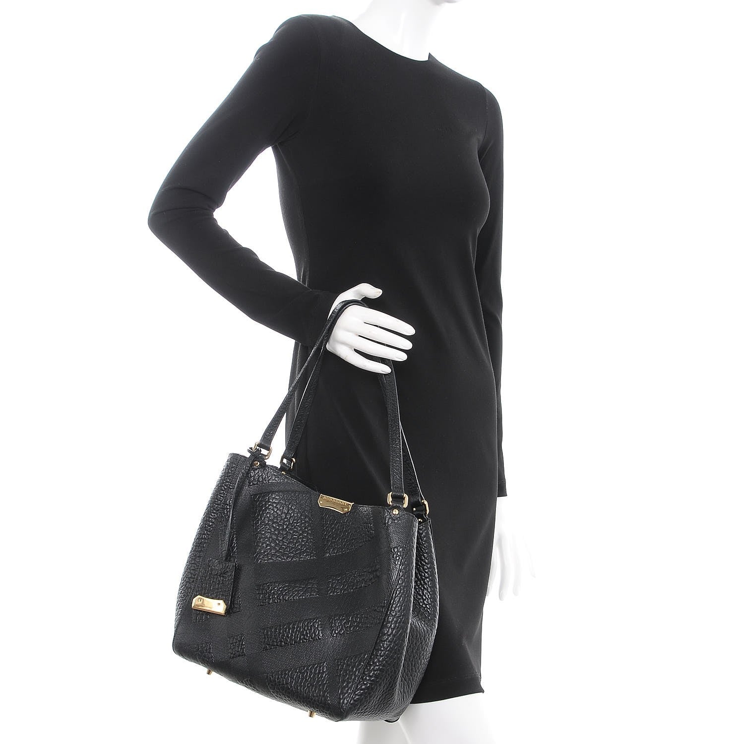 Burberry Signature Grain Calfskin Check Embossed Small Canterbury Tote Black 2 of 8