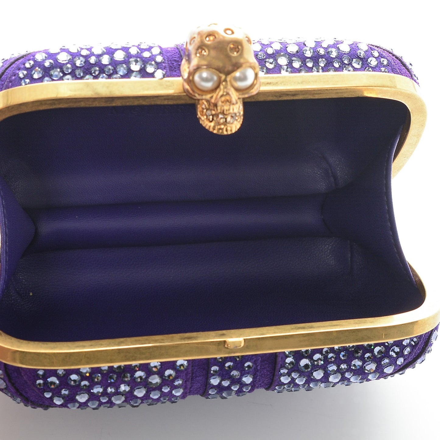 Suede Crystal Britannia Skull Box Clutch Purple