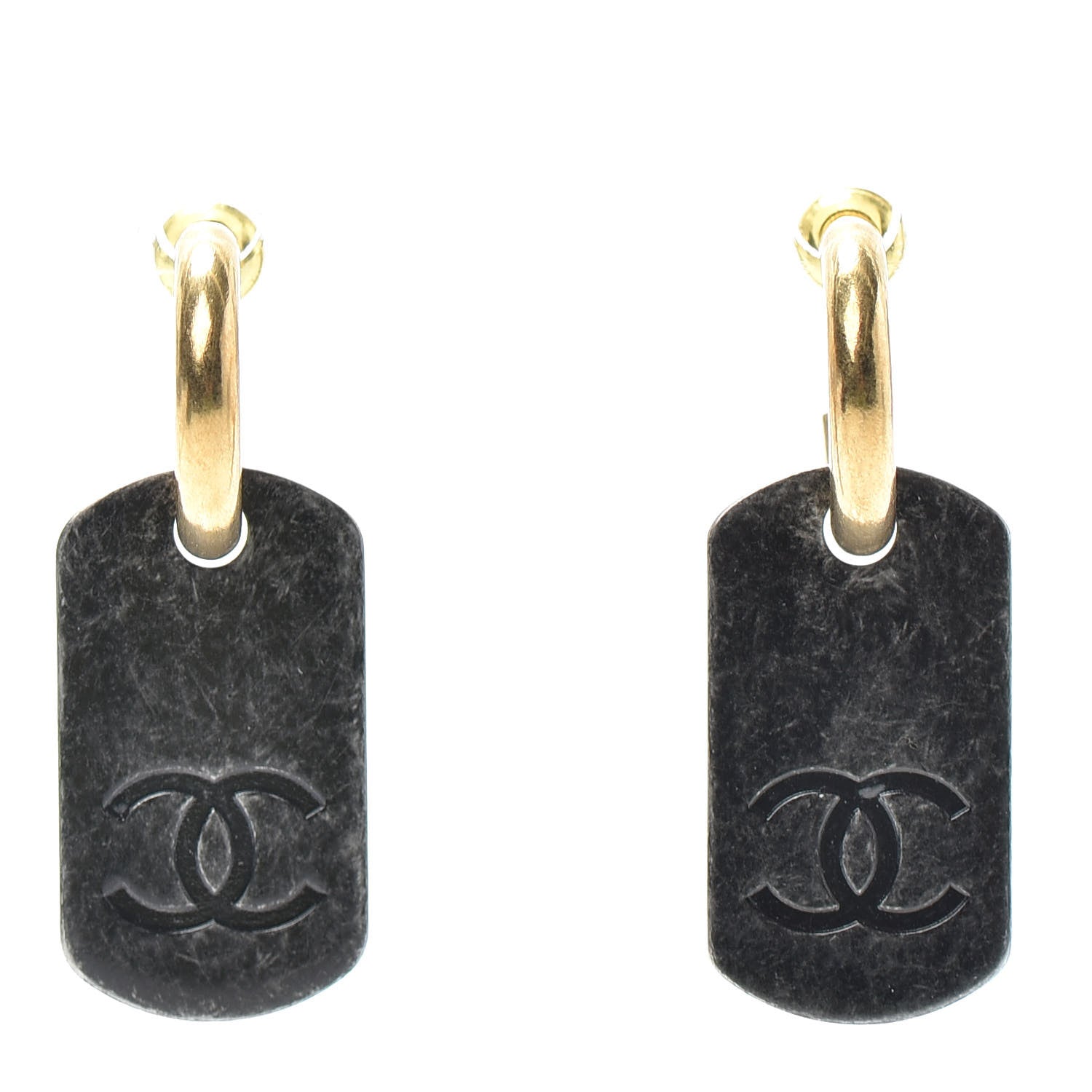 Chanel ID Dog Tag Earrings Ruthenium Gold 1 of 4