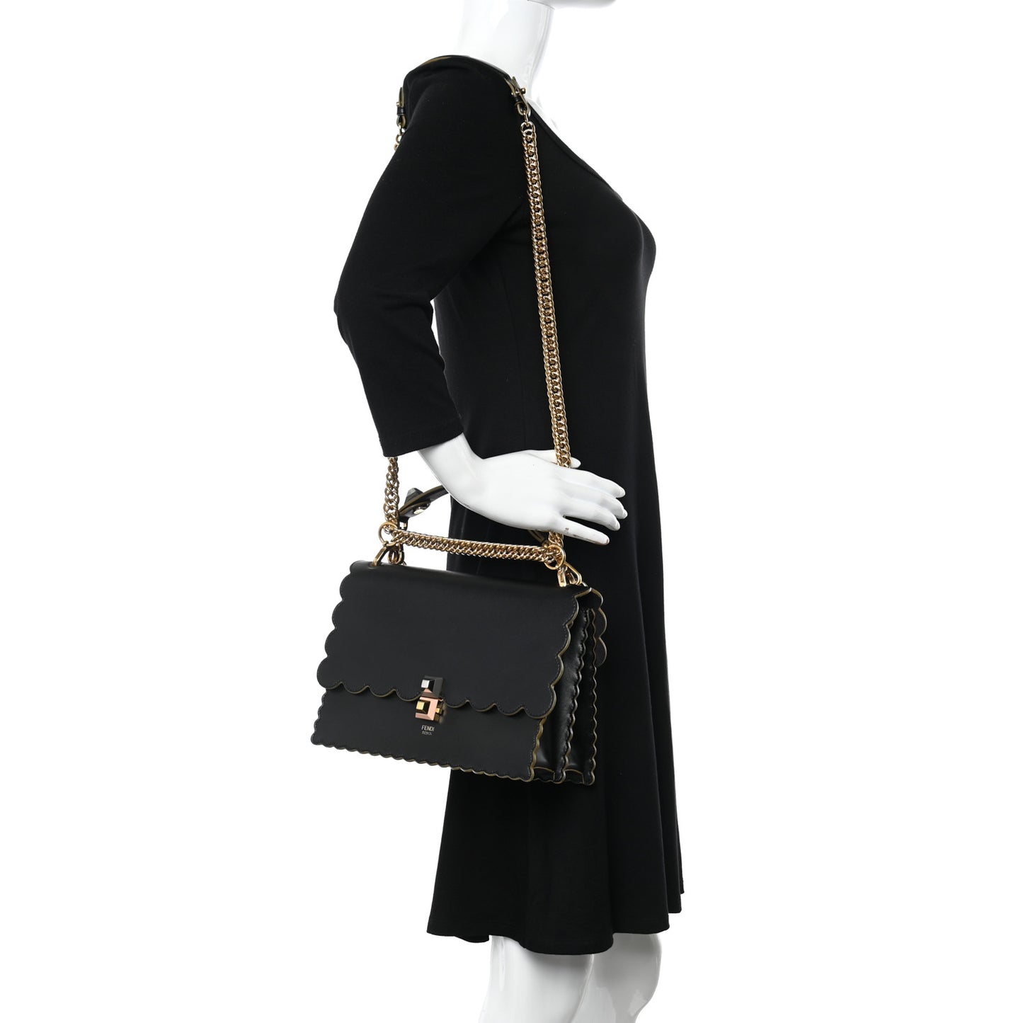 Vitello Liberty Scalloped Studded Kan I Shoulder Bag Black