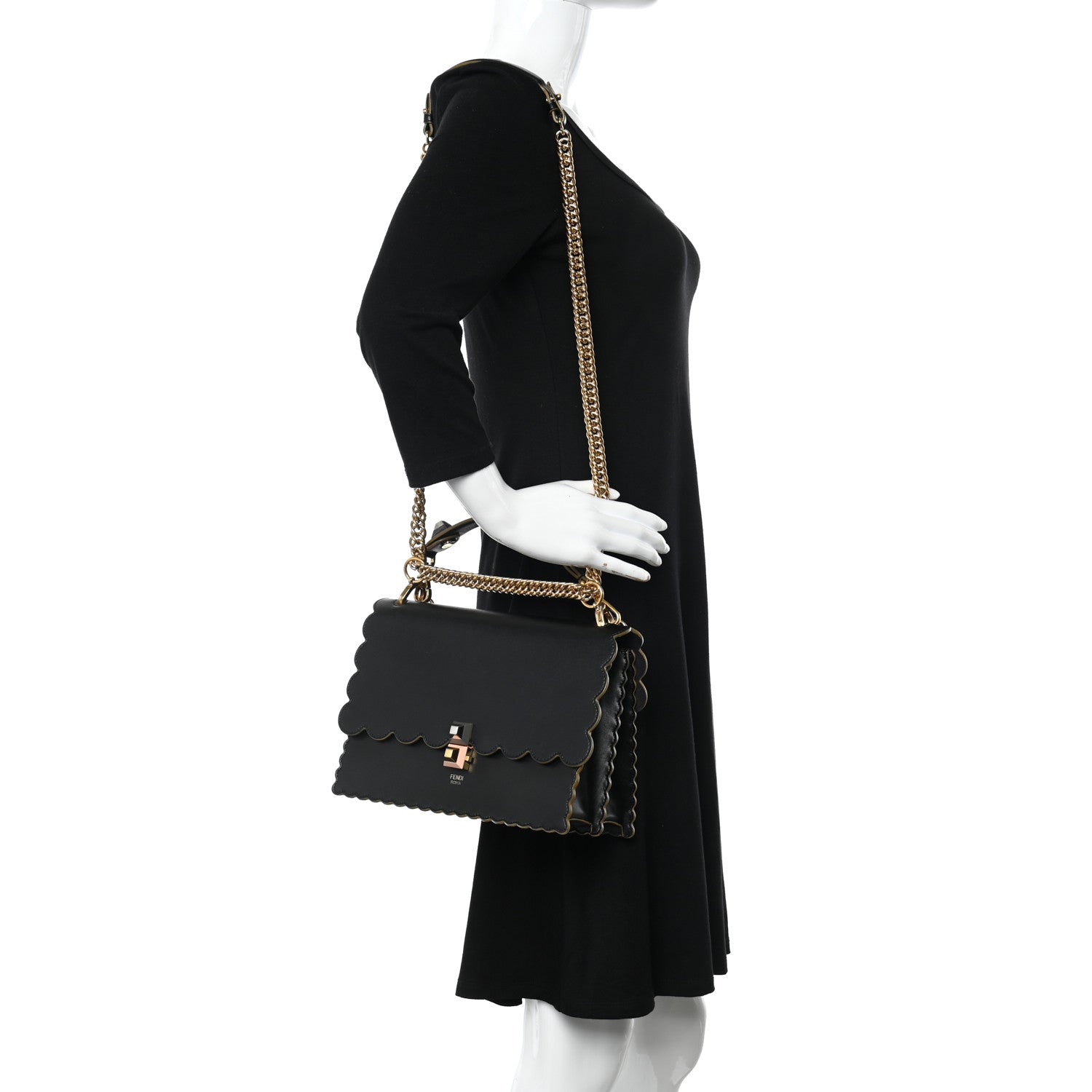 Fendi Vitello Liberty Scalloped Studded Kan I Shoulder Bag Black 2 of 17