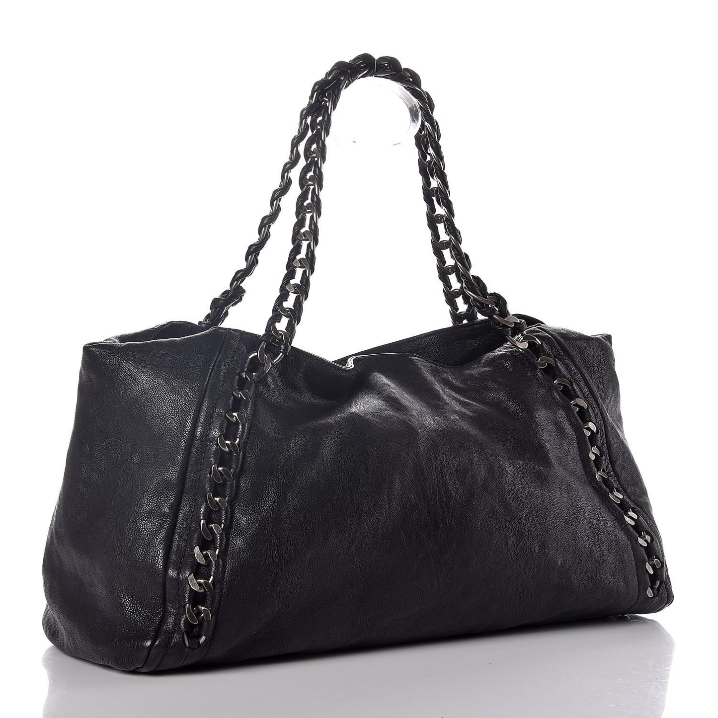 Glazed Calfskin East West Modern Chain Tote Black