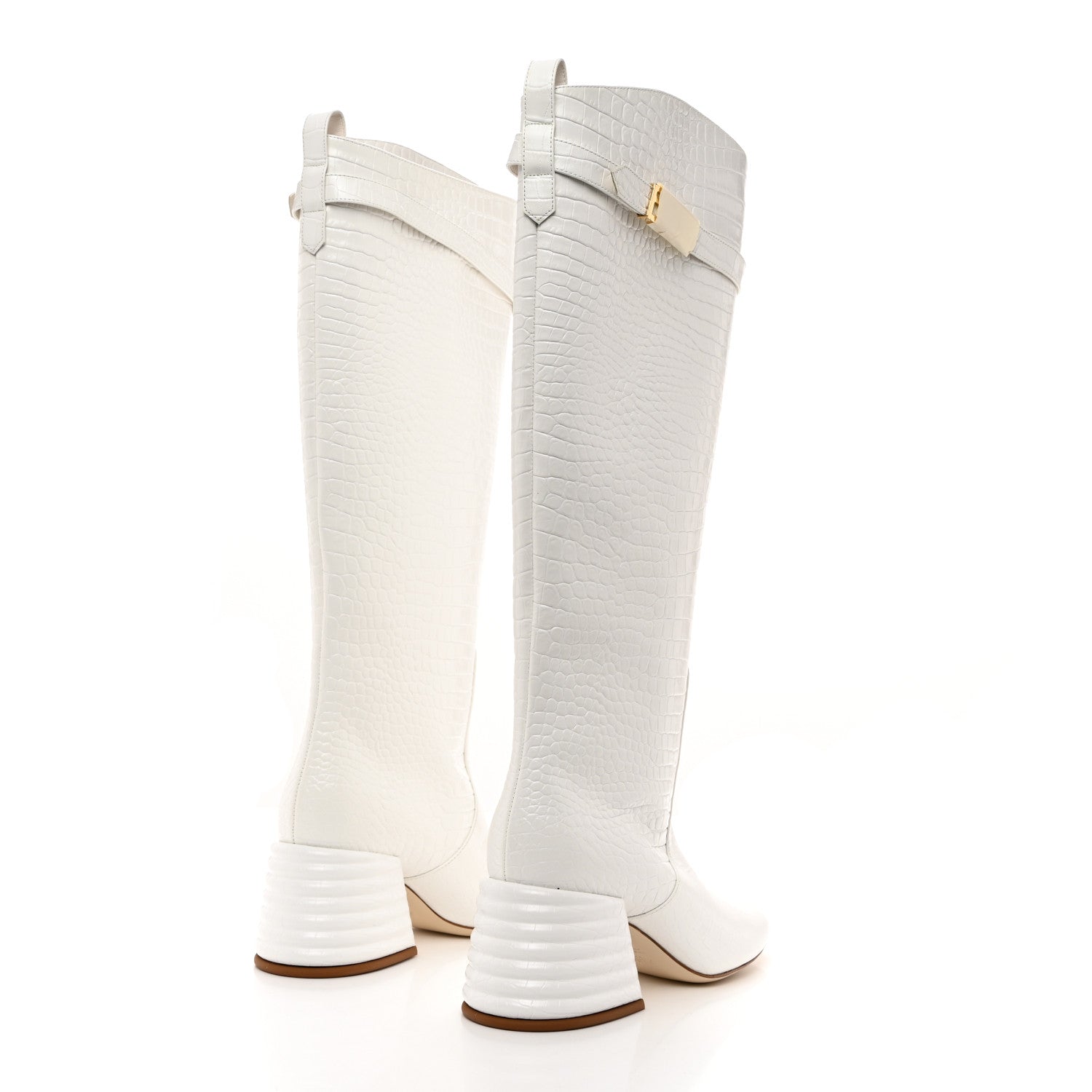 Fendi Calfskin Crocodile Embossed Knee High Block Heel Boots 35.5 White 4 of 8