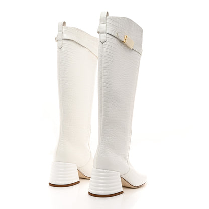 Fendi Calfskin Crocodile Embossed Knee High Block Heel Boots 35.5 White 4 of 8