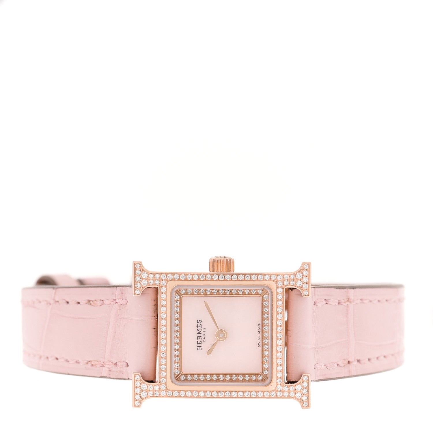 Hermes 18K Rose Gold Alligator Diamond Bezel Rose Opal 17.2mm Heure H Hour Quartz Watch Rose Pale Rose Pale 2 of 5