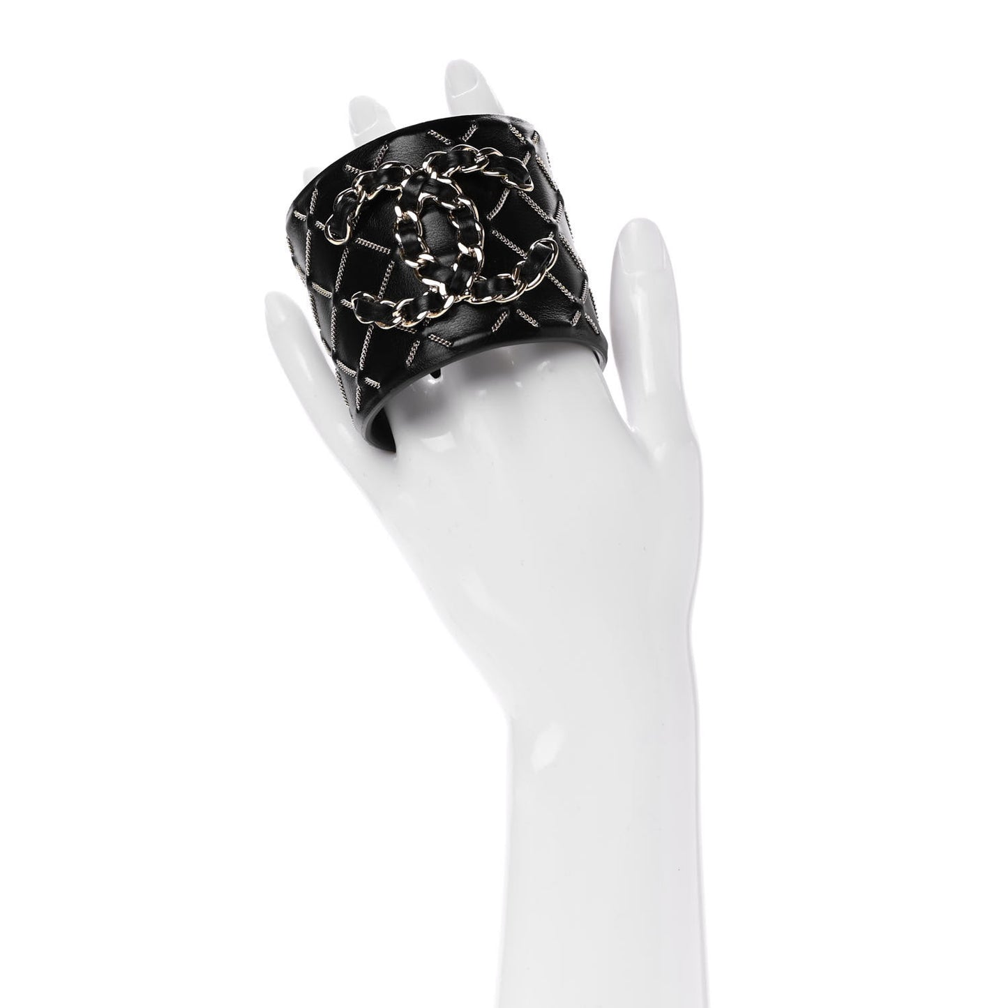 Lambskin Chain Stitched CC Cuff Bracelet L Black Gold