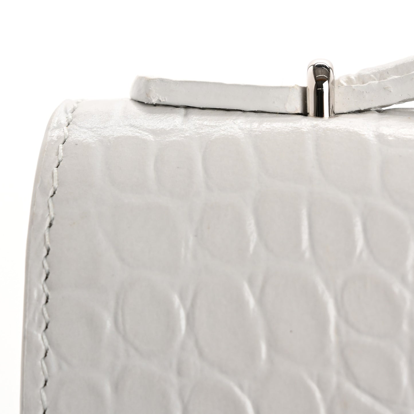 Shiny Calfskin Crocodile Embossed Top Handle Hourglass Clutch White