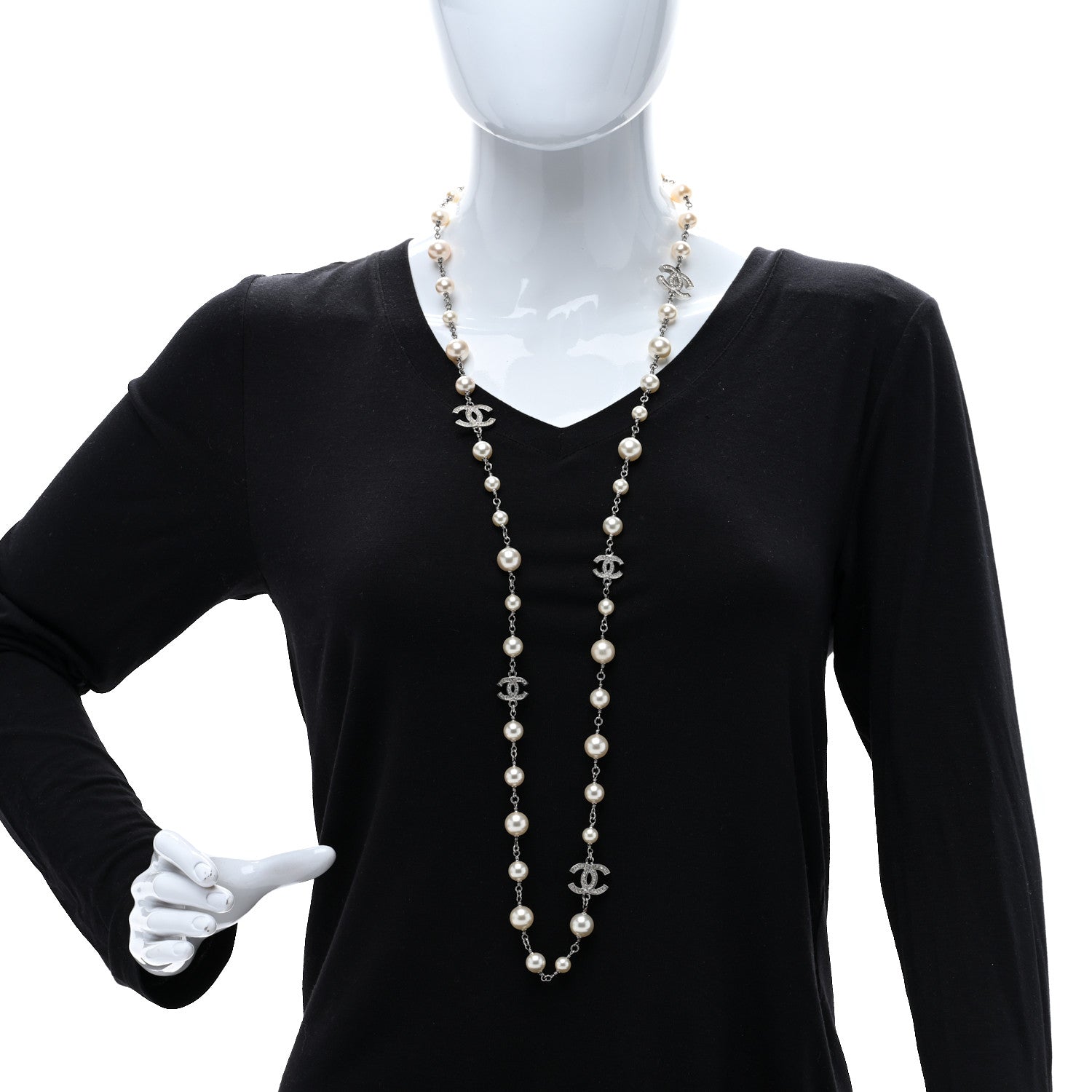 Chanel Crystal Pearl CC Long Necklace Silver 3 of 4