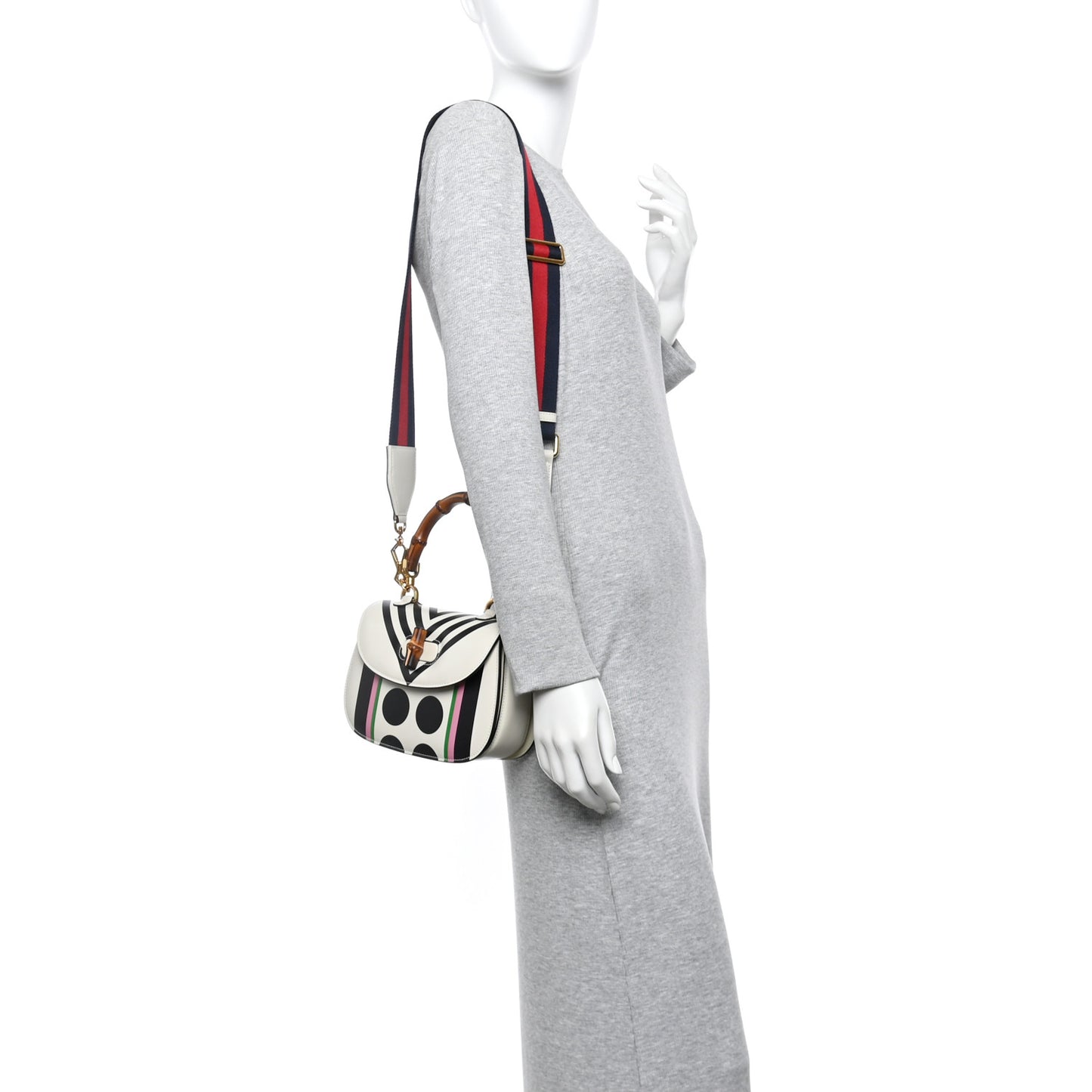 Calfskin Web Geometric Print Small Bamboo 1947 Top Handle Bag White Multicolor