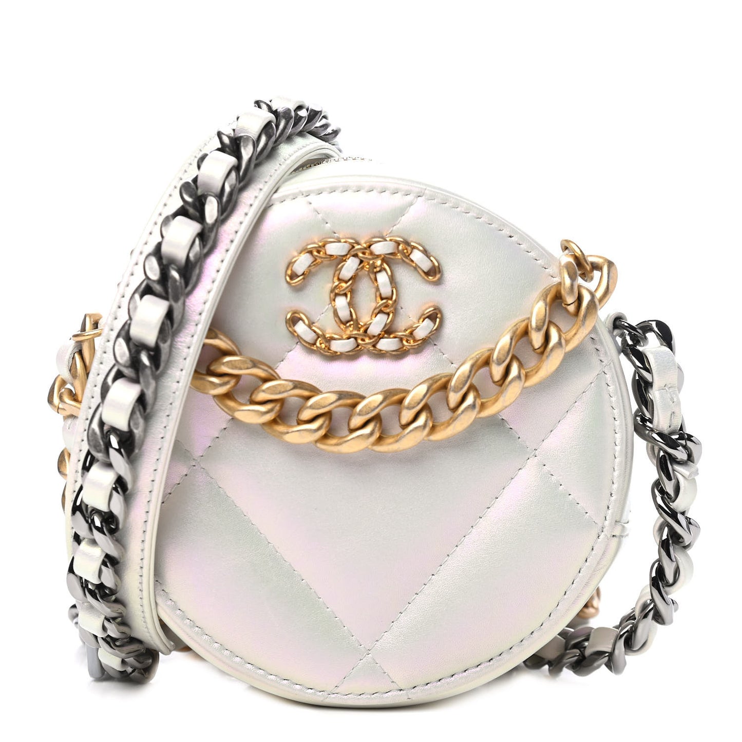 Iridescent Calfskin Quilted Chanel 19 Round Clutch With Chain White