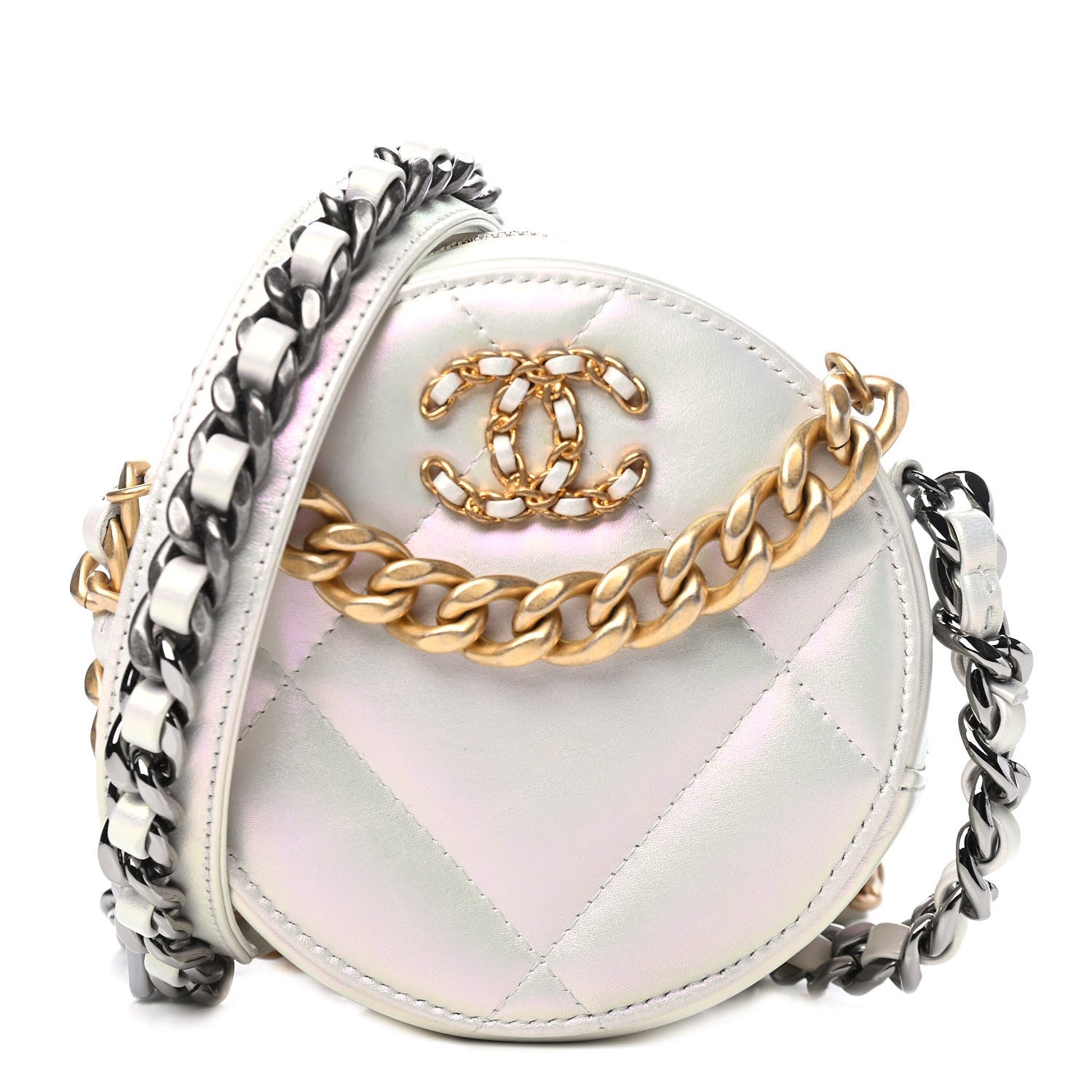 Chanel Iridescent Calfskin Quilted Chanel 19 Round Clutch With Chain White 1 of 5