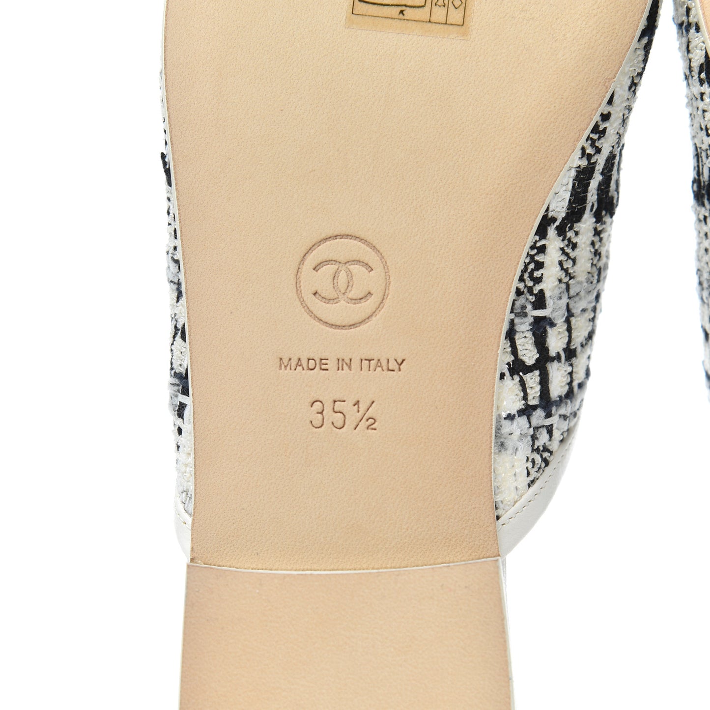 Tweed Lambskin CC Flat Mules 35.5 White Black