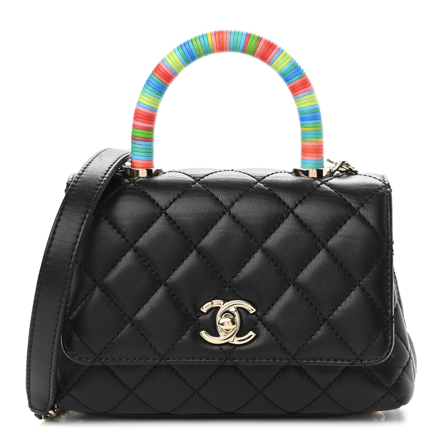 Goatskin Quilted Rainbow Extra Mini Coco Handle Flap Black