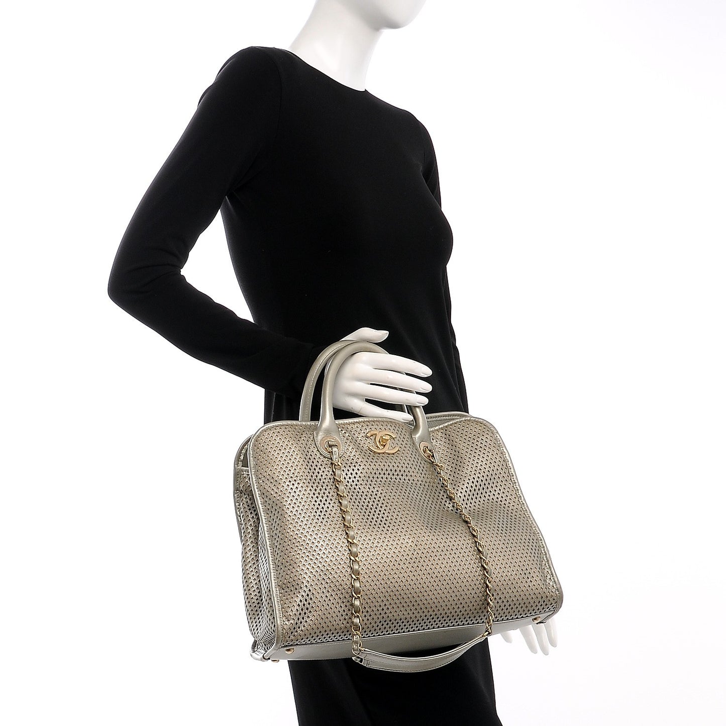 Metallic Calfskin Perforated Up In The Air Tote Silver