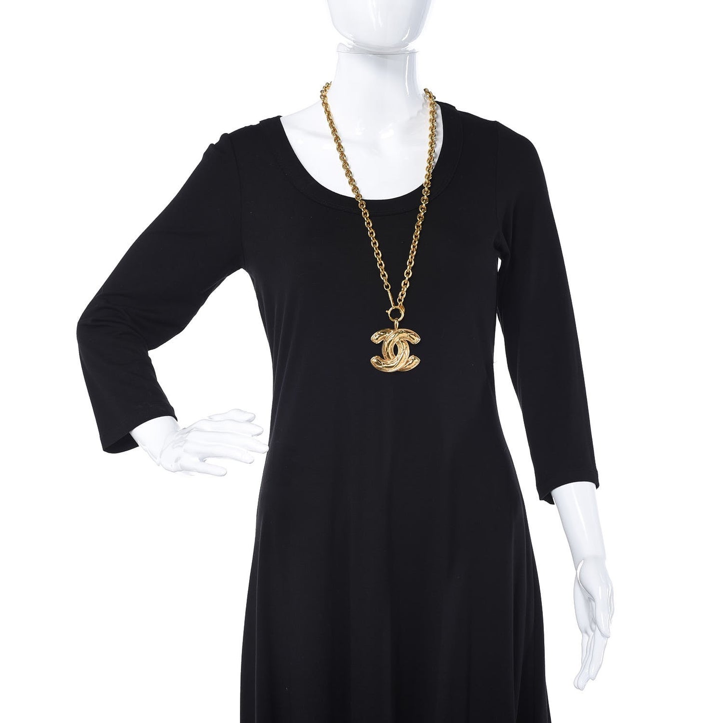Quilted Large CC Long Necklace Gold